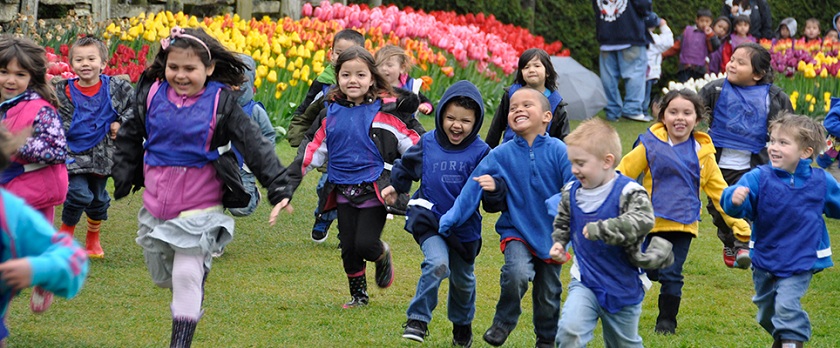 Children running amongst the Tulips on a beautiful spring day